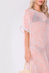 Kaftan Alison Short Sleeve Sheer Maxi Dress Cover-Up in Salmon & Sky
