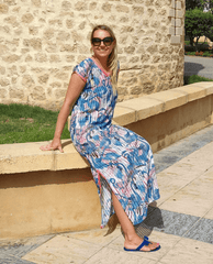 Kaftan Kellycia Short Sleeve V-Neck Cover-Up Maxi Dress in Pink and Blue Print