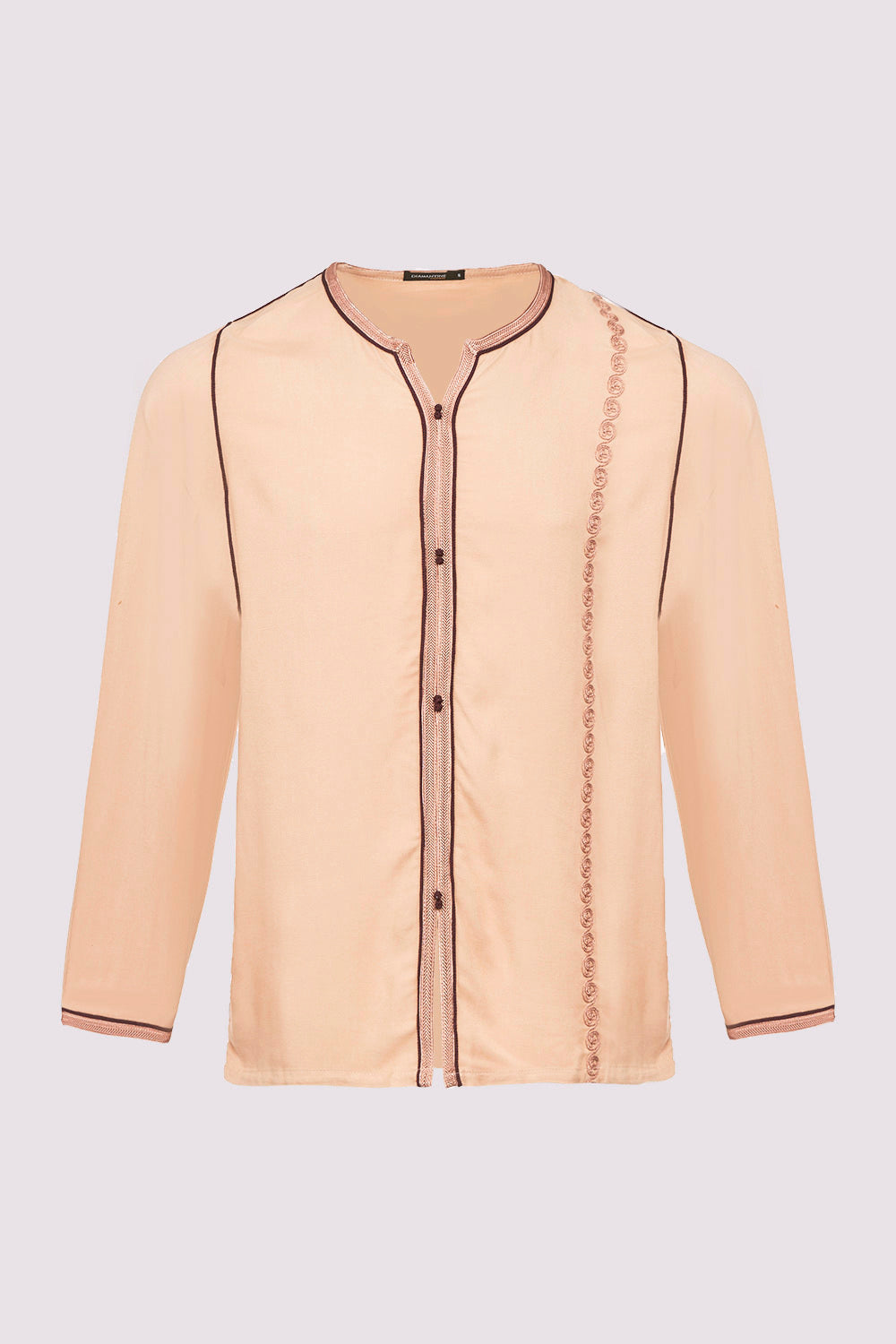Houssni Embroidered Collarless Men's Button-Up Shirt in Beige