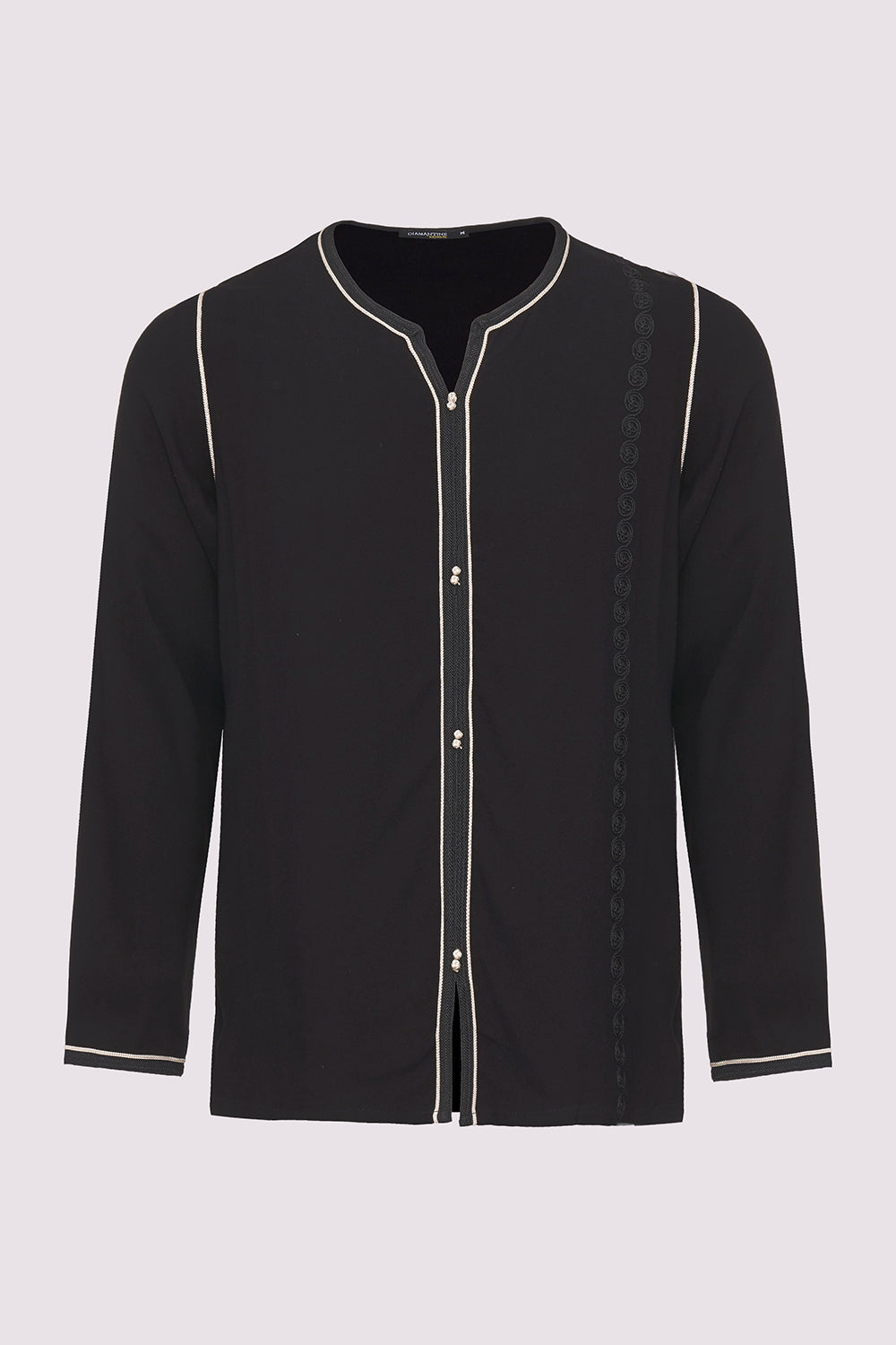 Houssni Embroidered Collarless Men's Button-Up Shirt in Black