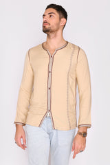 Houssni Embroidered Collarless Men's Button-Up Shirt in Beige