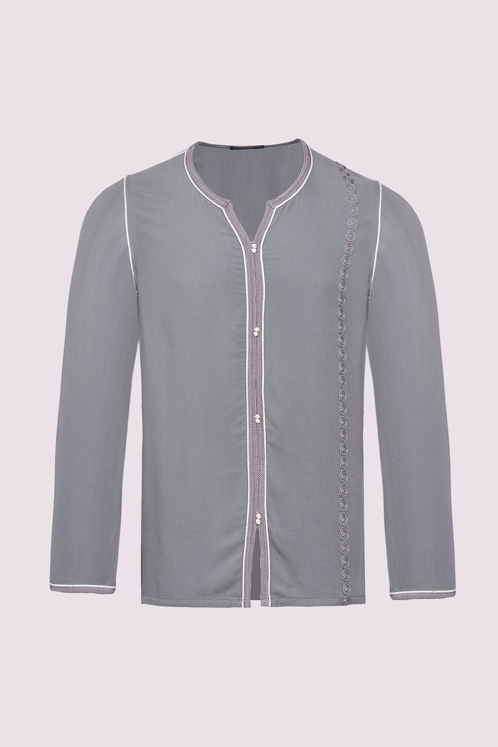 Houssni Embroidered Collarless Men's Button-Up Shirt in Grey