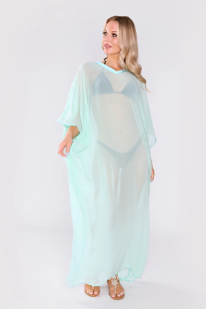Kaftan Isalie Cropped Sleeve Sheer Long Maxi Dress Cover-up in Mint Green