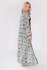 Maya Long Sleeve Kimono Lightweight Cape Cover Up Dress in Blue and Yellow Abstract Print