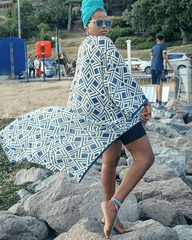 Maya Long Sleeve Kimono Lightweight Cape Cover Up Dress in Blue and Yellow Abstract Print