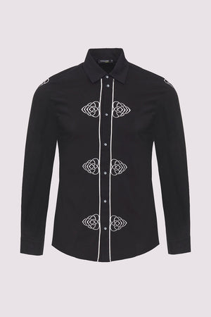 Sami Collared Long Sleeve Embroidered Men's Shirt in Black