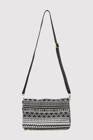 Alfredo Woven Print Long Faux Leather Strap Crossbody Bag in Black