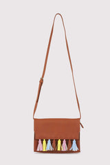 Avelino Faux Leather Cross Body Adjustable Strap Multi-Coloured Tassel Bag in Camel