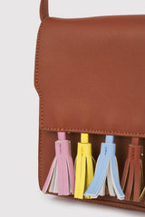 Avelino Faux Leather Cross Body Adjustable Strap Multi-Coloured Tassel Bag in Camel