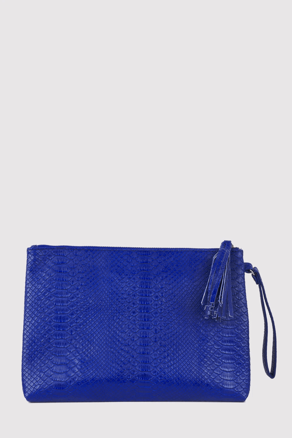 Americo Snake Print Wrist Strap Zipped Tassel Clutch Bag in Blue