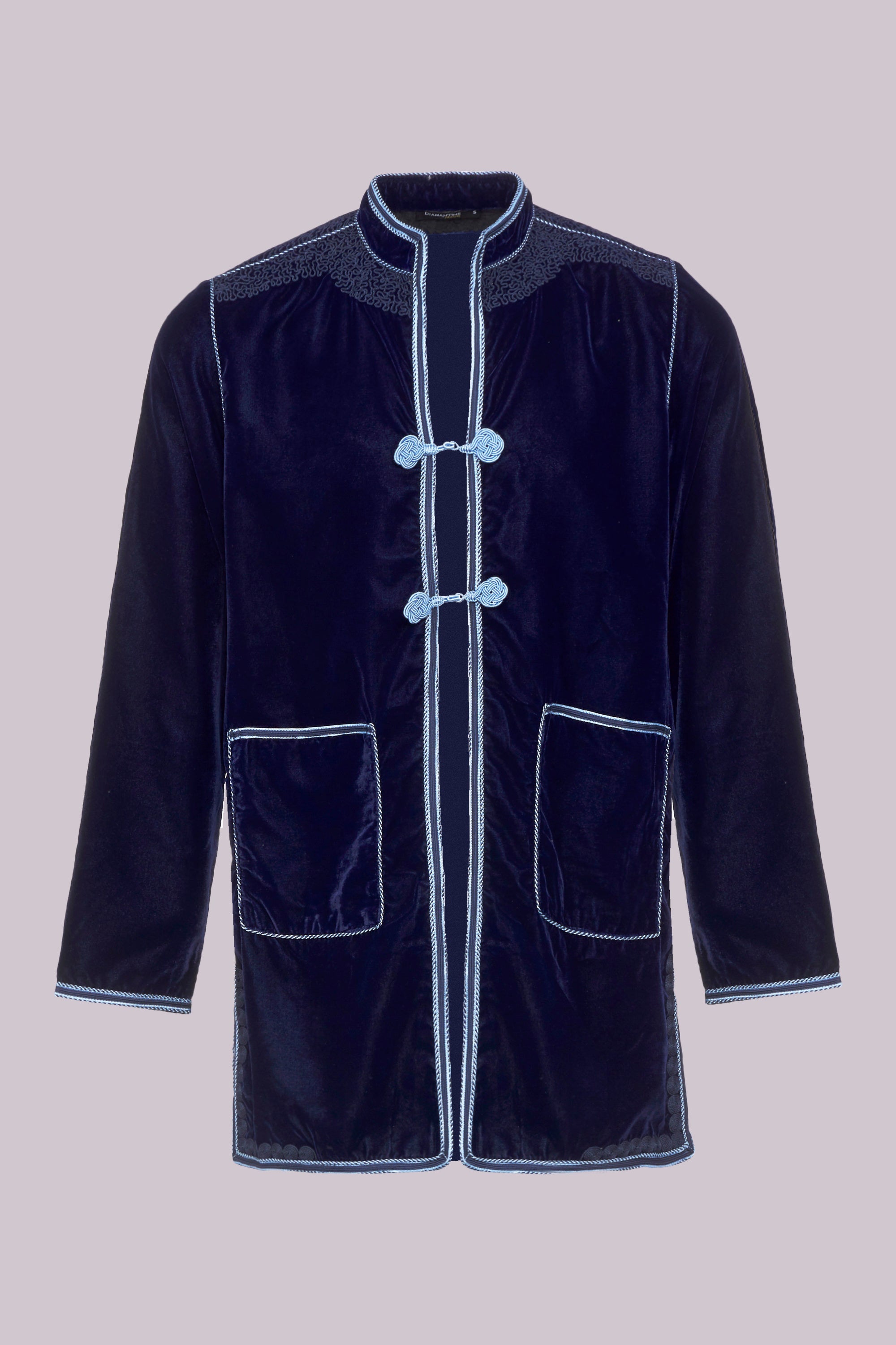 Opacto Men's Velour Longline Jacket in Navy with Contrast Light Blue Stitching