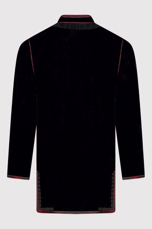 Opacto Men's Velour Longline Jacket in Black with Contrast Red Stitching