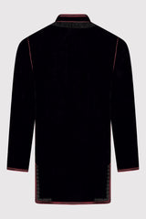 Opacto Men's Velour Longline Jacket in Black with Contrast Red Stitching