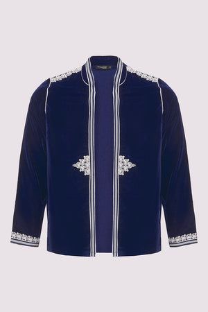 Gondole Velour Embroidered Long Sleeve Jacket in Marine Blue
