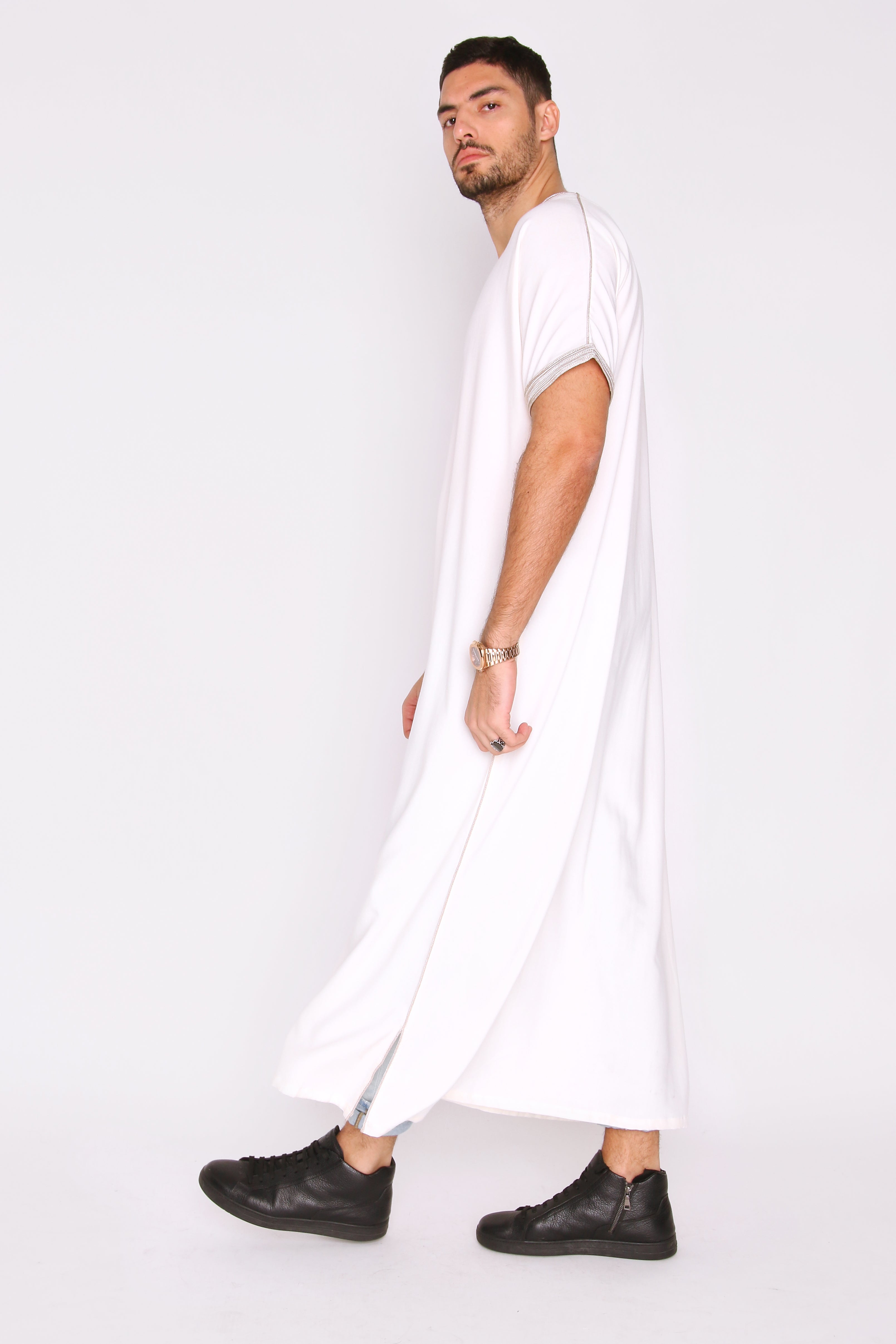 Gandoura Dolphy Men's Short Sleeve V-Neck Robe Thobe in White