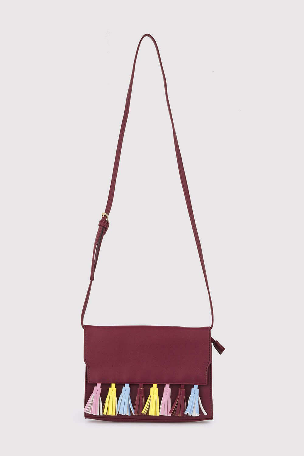 Avelino Faux Leather Cross Body Adjustable Strap Multi-Coloured Tassel Bag in Burgundy