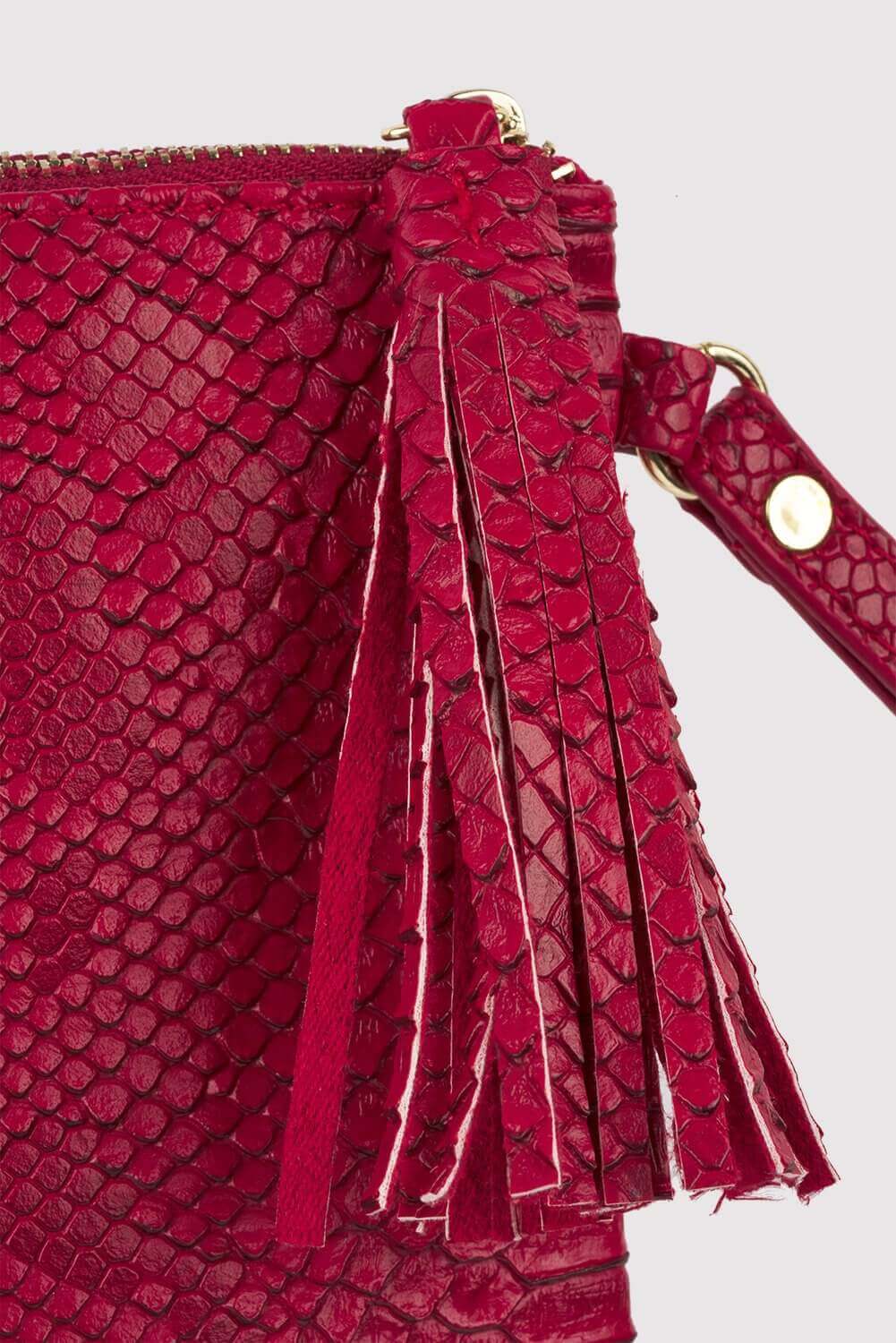 Americo Snake Print Wrist Strap Zipped Tassel Clutch Bag in Red
