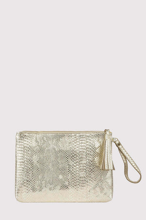 Americo Snake Print Wrist Strap Zipped Tassel Clutch Bag in Metallic Gold