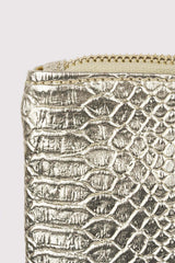 Americo Snake Print Wrist Strap Zipped Tassel Clutch Bag in Metallic Gold