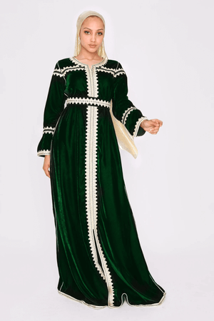 Lebssa Estrella Long Sleeve Velour Occasion Wear Maxi Dress and Belt in Emerald Green