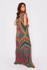 Lebssa Alia Sleeveless Full-Length Lightweight Maxi Dress in Green and Orange Print
