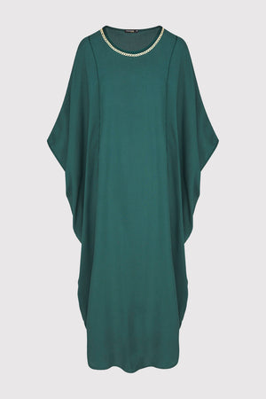 Kaftan Nasma Embroidered Round Neck Long Batwing Sleeve Dress in Green
