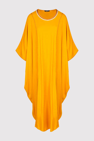 Kaftan Nasma Embroidered Round Neck Long Batwing Sleeve Dress in Mustard