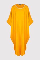 Kaftan Nasma Embroidered Round Neck Long Batwing Sleeve Dress in Mustard