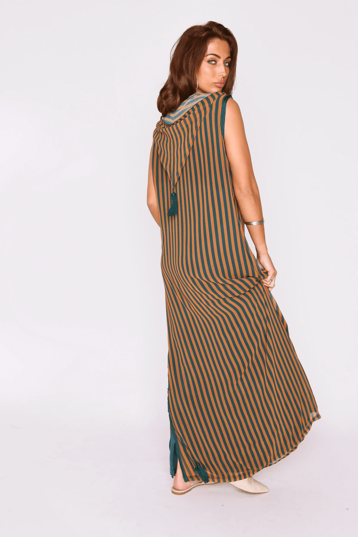 Djellaba Roxane Sleeveless Side Slits Hooded Maxi Dress in Green and Orange Stripes