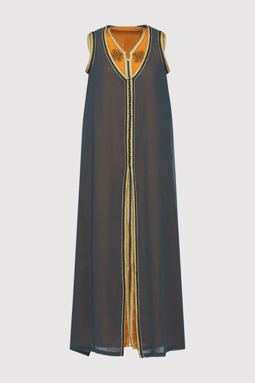 Kaftan Sirina Sleeveless Layered Maxi Dress with Rope Belt in Green and Yellow Gold