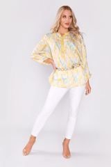 Aghate Long Sleeve Tunic Satin Longline Top in Yellow and Green Print