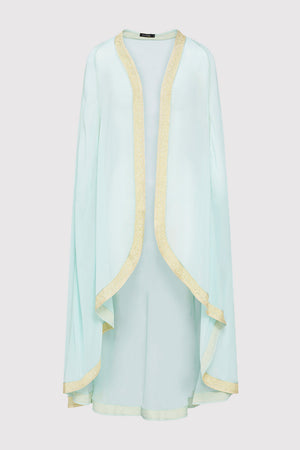 Amalthe Contrast Trim Lightweight Chiffon Sheer Cape Duster Jacket in Blue