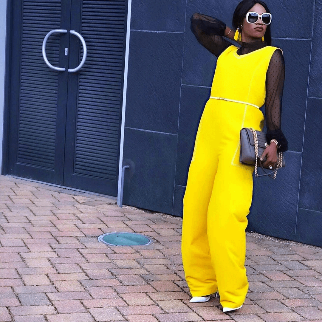 Anicet Embroidered Trim High V-Neck Sleeveless Evening Full-Length Jumpsuit in Bright Yellow