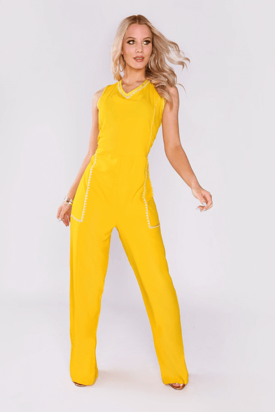 Anicet Embroidered Trim High V Neck Sleeveless Evening Full Length Jumpsuit in Bright Yellow