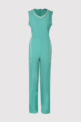Anicet Embroidered Trim High V-Neck Sleeveless Evening Full-Length Jumpsuit in Khaki Green