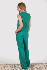 Anicet Embroidered Trim High V-Neck Sleeveless Evening Full-Length Jumpsuit in Khaki Green