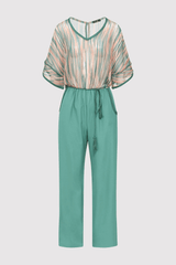 Auxence Elastic Waist Short Sleeve Print Contrast Jumpsuit and Rope Belt in Green and Brick Red
