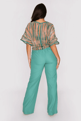 Auxence Elastic Waist Short Sleeve Print Contrast Jumpsuit and Rope Belt in Green and Brick Red