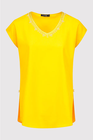 Daphine Contrast Trim Embroidered Casual Short Sleeve Top in Yellow