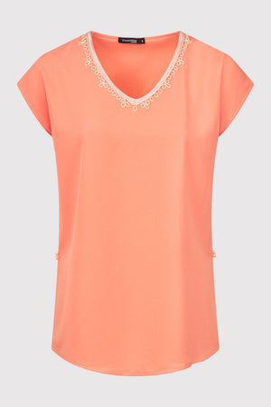 Daphine Contrast Trim Embroidered Casual Short Sleeve Top in Salmon