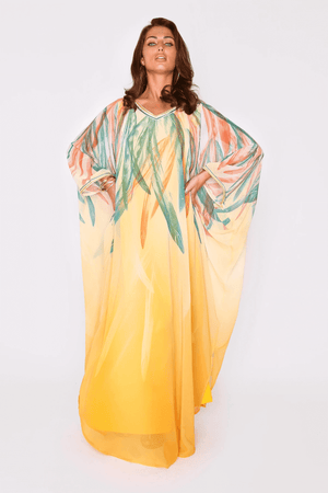 Kaftan Harmonie Lightweight V-Neck Long Batwing Sleeve Chiffon Maxi Dress in Orange and Green Print