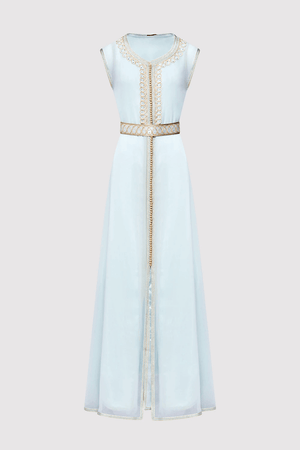 Lebssa Lamis Embroidered Sleeveless High Neck Occasion Wear Maxi Dress and Belt in Blue