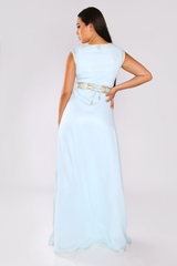 Lebssa Lamis Embroidered Sleeveless High Neck Occasion Wear Maxi Dress and Belt in Blue