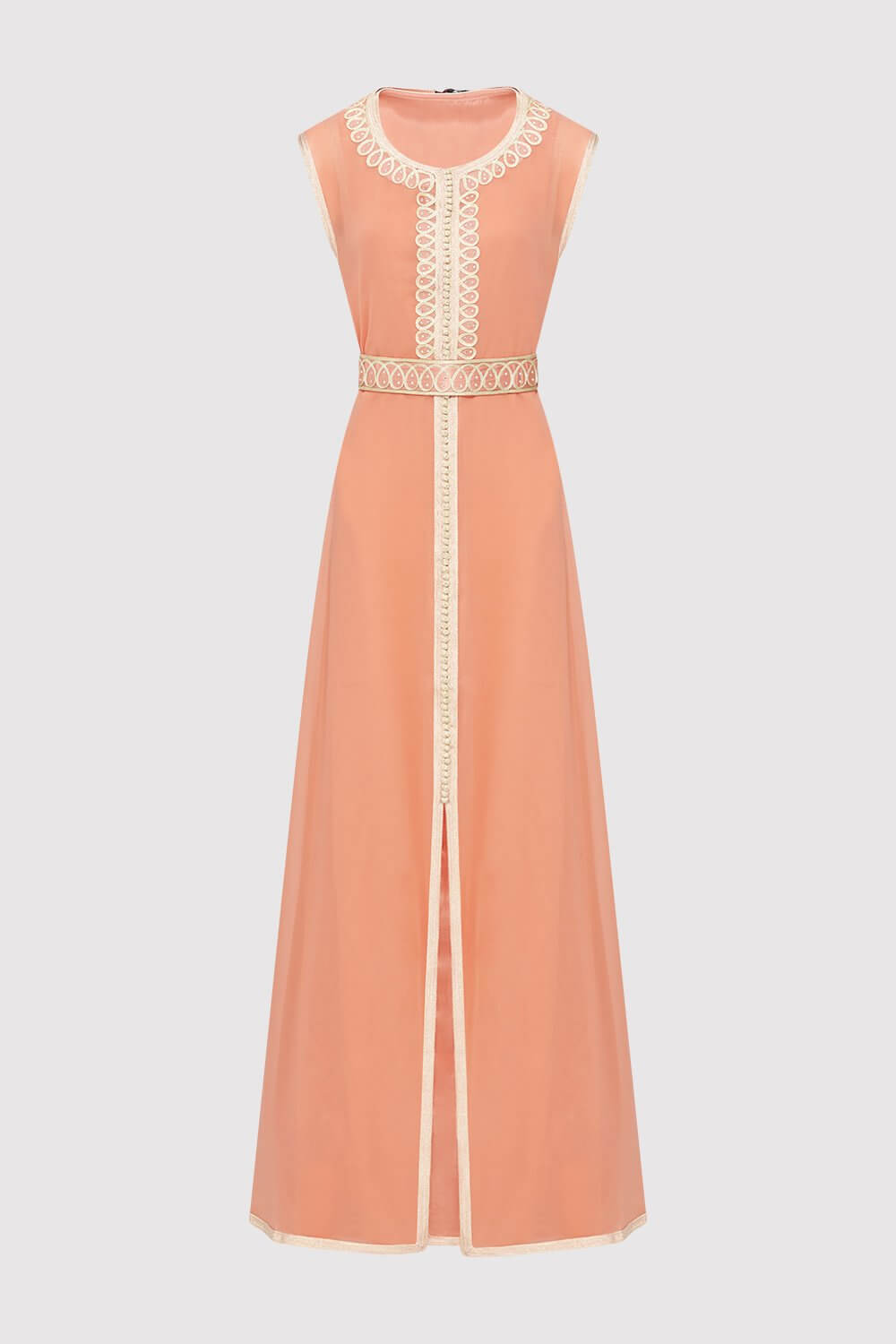 Lebssa Lamis Embroidered Sleeveless High Neck Occasion Wear Maxi Dress and Belt in Salmon