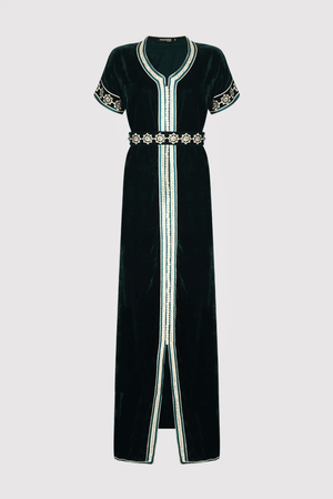 Lebssa Lorie Short Sleeve Embroidered Occasion Wear Maxi Dress and Belt in Emerald Green