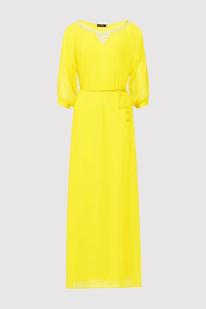 Kaftan Eliana Long Sleeve Embroidered Neckline Full-Length Maxi Evening Dress in Yellow