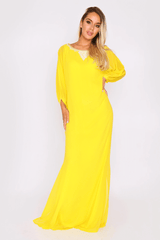 Kaftan Eliana Long Sleeve Embroidered Neckline Full-Length Maxi Evening Dress in Yellow