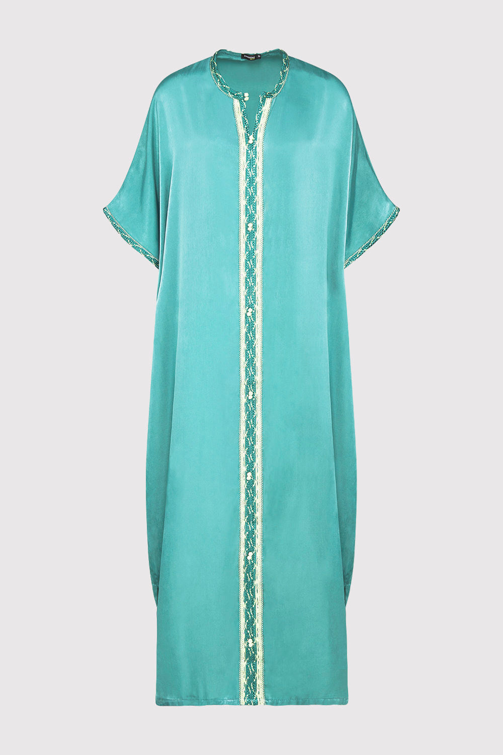 Kaftan Sacree High Neck Cropped Sleeve Lightweight Embroidered Satin Maxi Dress in Khaki