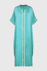 Kaftan Sacree High Neck Cropped Sleeve Lightweight Embroidered Satin Maxi Dress in Khaki
