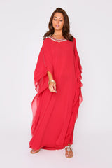 Kaftan Helene High Neck Batwing Long Sleeve Full-Length Maxi Dress in Raspberry